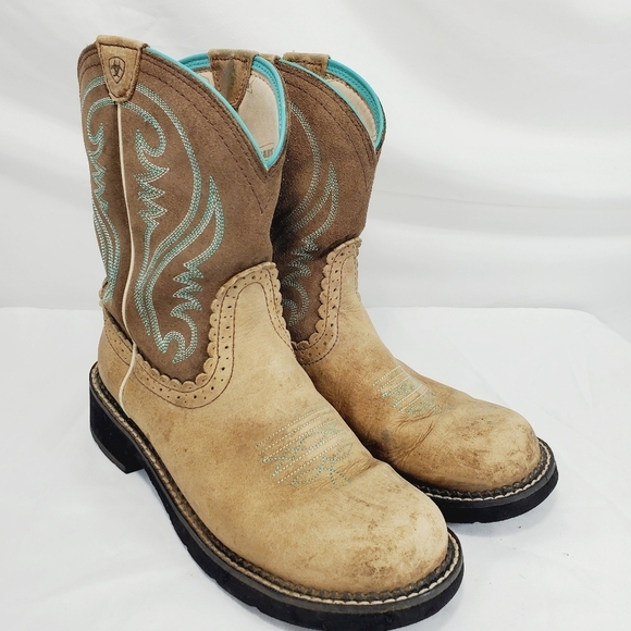 Ariat Women’s Fatbaby Heritage Cowboy Western PullOn Boots Brown/Teal Tan 10b - Picture 4 of 12